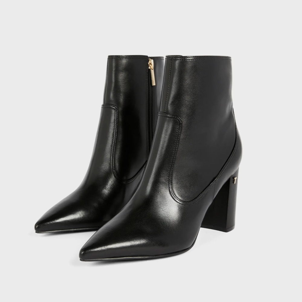 Ted Baker Black Leather Pointed Toe Block Heel Ankle Boots - Picture 3 of 14